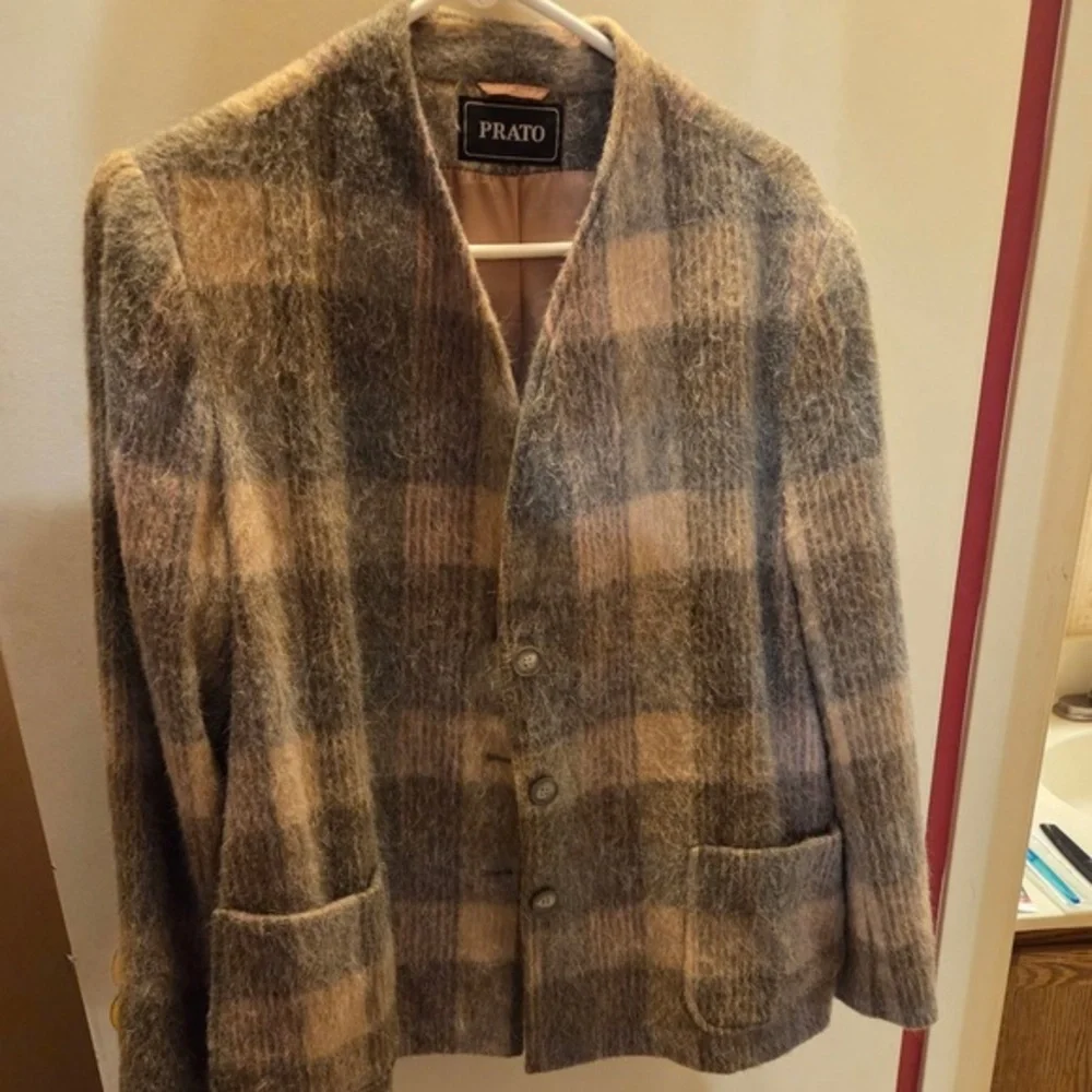 PRATO Vintage Mohair Wool Plaid Jacket Coat M L Neutral Soft Shaggy Cottagecore